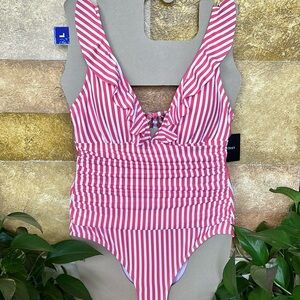 NEW Ellen Tracy V-Neck Ruffle, Back Cut-Out Ruched Stripe One Piece Swimsuit